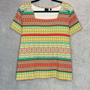 Rafaella Womens Top 2X Yellow Boho Striped Square Neck Short Sleeve Knit Beaded